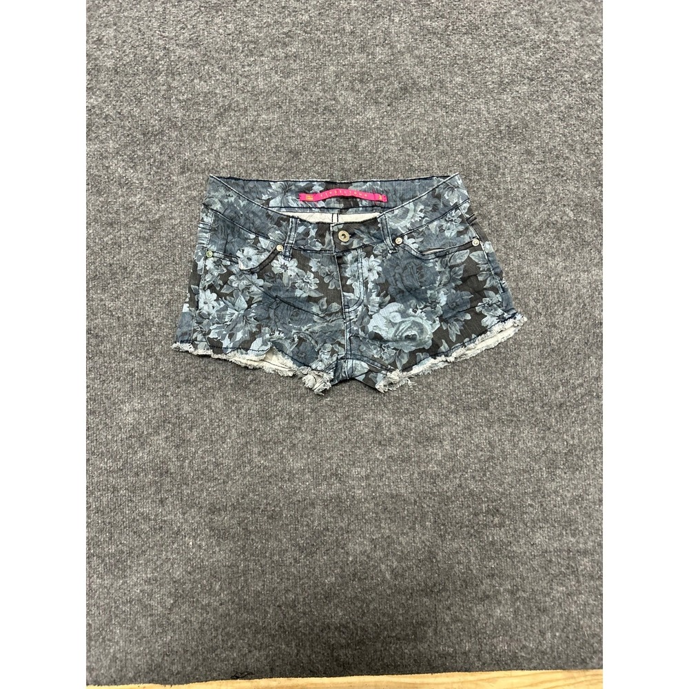 Tinseltown Shorts Womens Size 3 Blue Floral Denim Raw Hem Low Rise Cut Offs